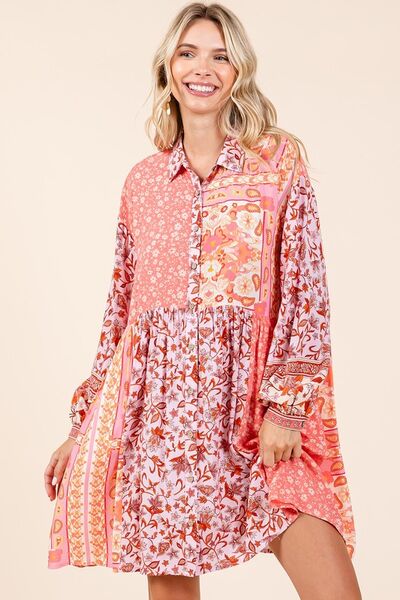 Mittoshop Floral Button Detail Long Sleeve Shirt Dress