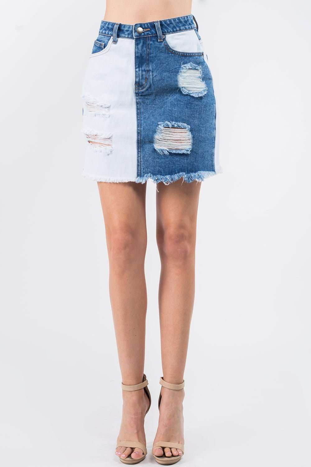 American Bazi Contrast Patched Frayed Denim Distressed Skirts