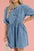 Bowknot round neck half sleeve denim dress with no stretch.