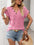 Openwork V-neck short sleeve T-shirt with decorative buttons in pink.