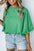 Frill round neck wide half sleeve blouse in green polyester.