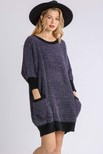 Umgee Full Size Ribbed Hem Round Neck 3/4 Sleeve Sweater Dress with Pockets Plus Size