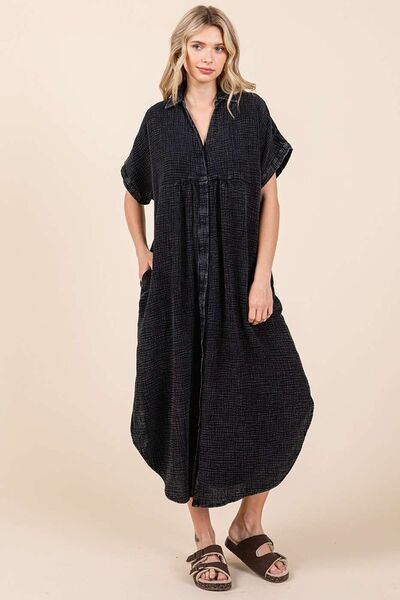 Mittoshop Mineral Wash V Neck Button Up Midi Shirt Dress