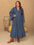 Plus size notched long sleeve midi dress with lace detail in blue.