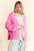 Davi & Dani Side Slit Open Front Long Sleeve Cardigan in pink with ribbed texture and side slits.