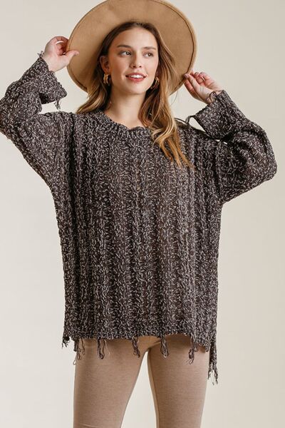 Umgee Full Size Frayed Hem Cable Knit Round Neck Sweater Plus Size