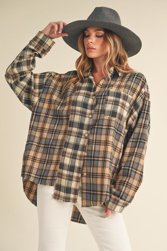 Aemi + Co Frayed Hem Plaid Button Up Flannel Shirt