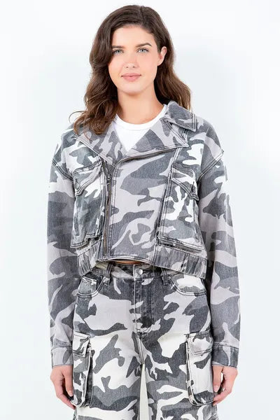 American Bazi Full Size Camouflage Zip Up Cropped Rider Jacket Plus Size