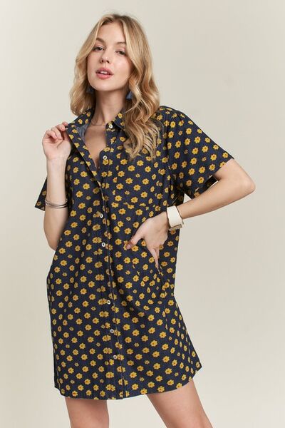 ADORA Floral Button-Up Mini Denim Dress