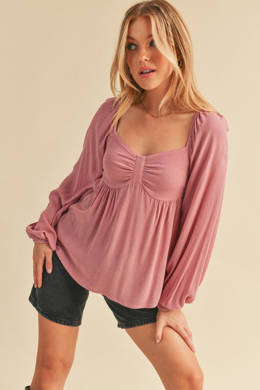 Aemi + Co Ruched Sweetheart Neck Balloon Sleeve Blouse