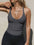 Sleeveless gray scoop neck tank top with moderate stretch.