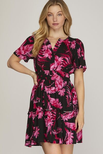 She + Sky Full Size Printed Notched Short Sleeve Frill Tiered Dress Plus Size