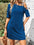 Asymmetrical neck half sleeve mini dress in blue, featuring basic style and slightly stretchy material.