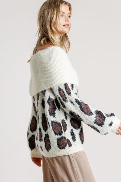 Umgee Full Size Leopard Off-Shoulder Long Sleeve Sweater Plus Size