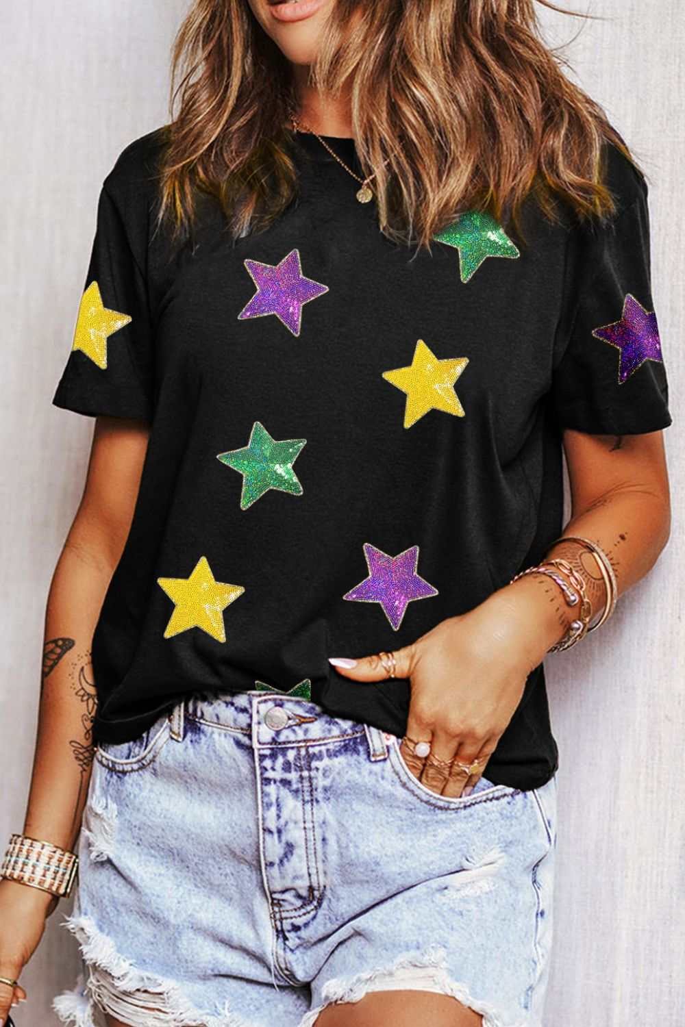 Sequin Stars Patched Round Neck T-Shirt