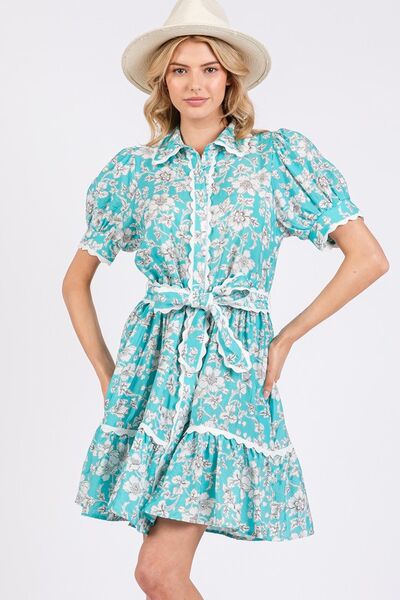 SAGE+FIG Vintage Floral Scalloped Mini Shirt Dress