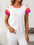 Mandy Contrast Round Neck Short Sleeve Knit Top in white with colorful sleeve accents.