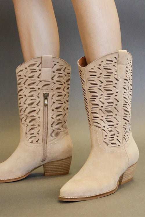 Beast Fashion Faux Suede Laser Cut Detail Block Heel Boots