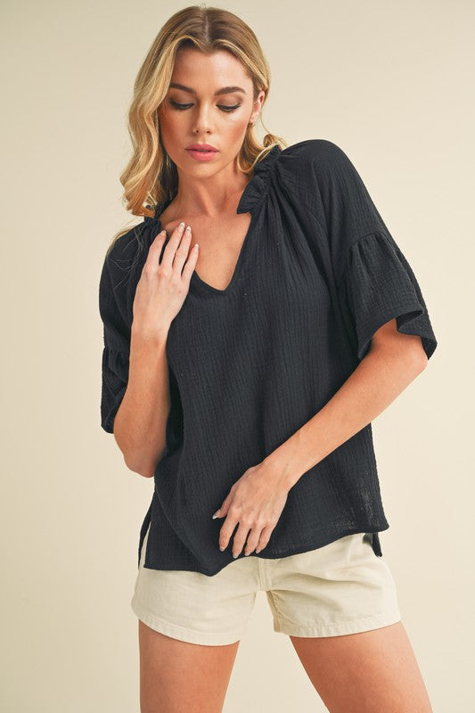 Aemi + Co Side Slit Notched Ruffled Half Sleeve Blouse