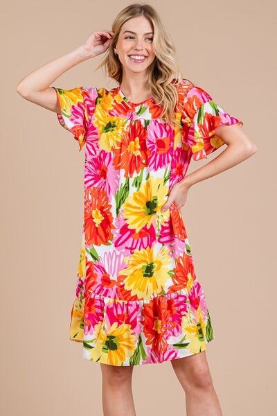 Ces Femme Floral Ruffled Short Sleeve Dress