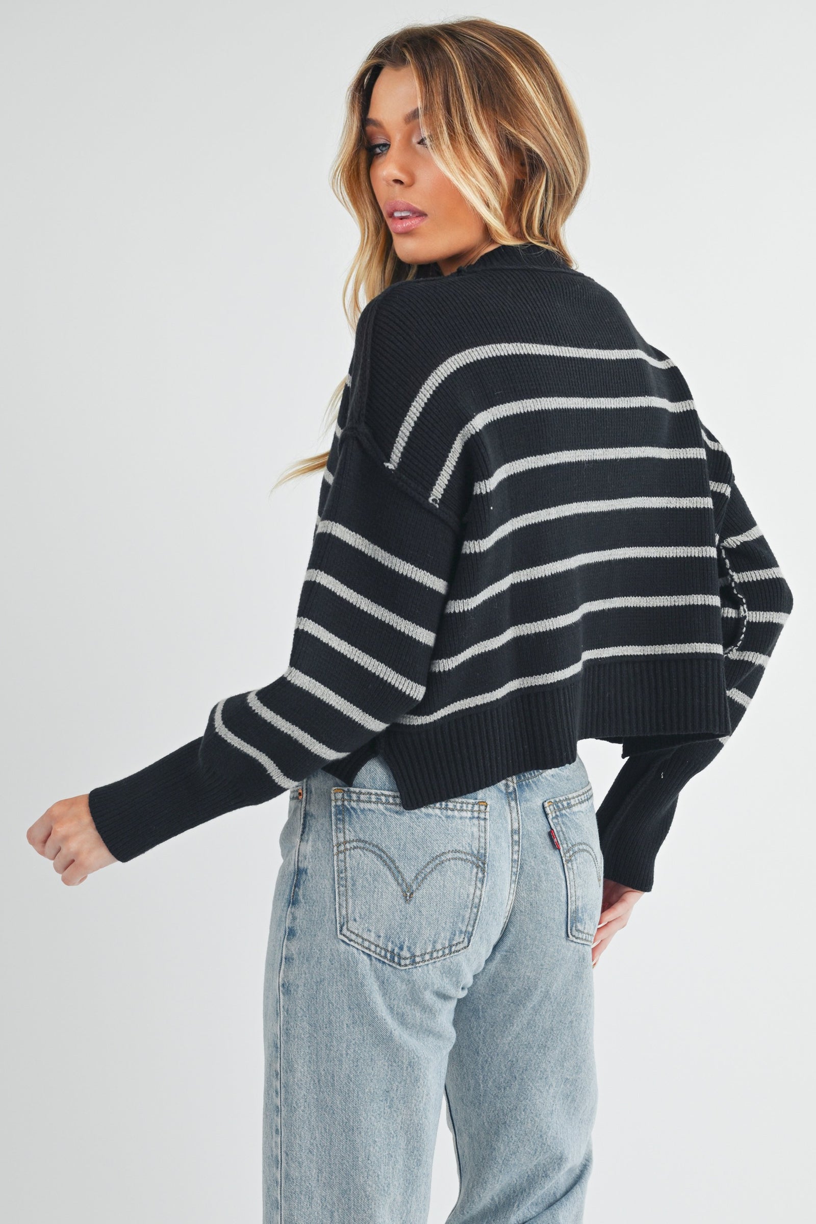 Aemi + Co Side Slit Striped Round Neck Knit Top