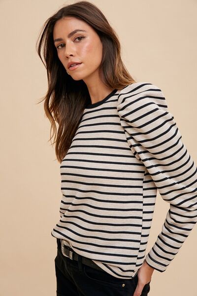 Annie Wear Striped Round Neck Puff Sleeve French Terry Top