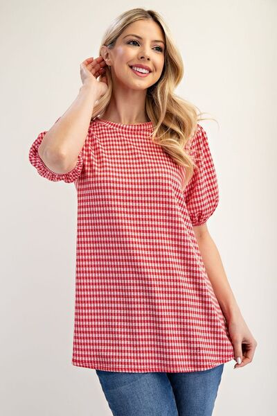 Celeste Full Size Gingham Print Top With Puff Sleeves Plus Size