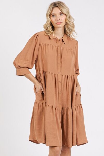 Mittoshop Button Detail Collared Neck Tiered Shirt Dress