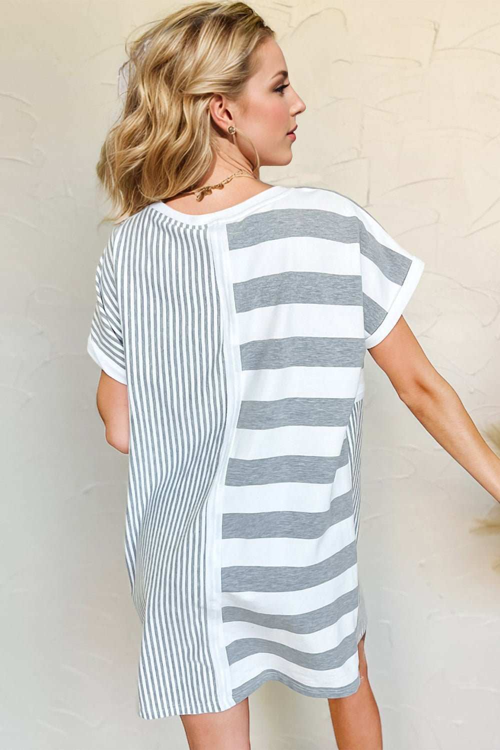 Oh Full Size Striped Round Neck Short Sleeve Mini Tee Dress