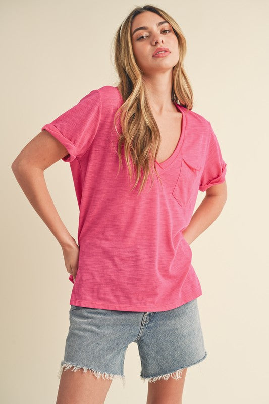 Aemi + Co Side Slit V-Neck Short Rolled Sleeve T-Shirt