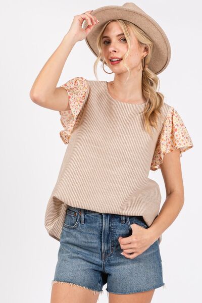 Ces Femme Round Neck Floral Short Sleeve Top