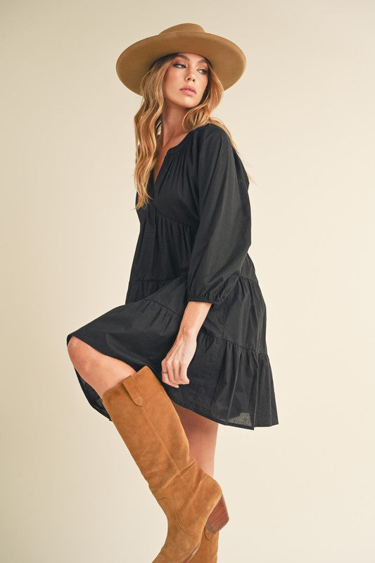 Aemi + Co Notched Balloon Sleeve Tiered Mini Dress