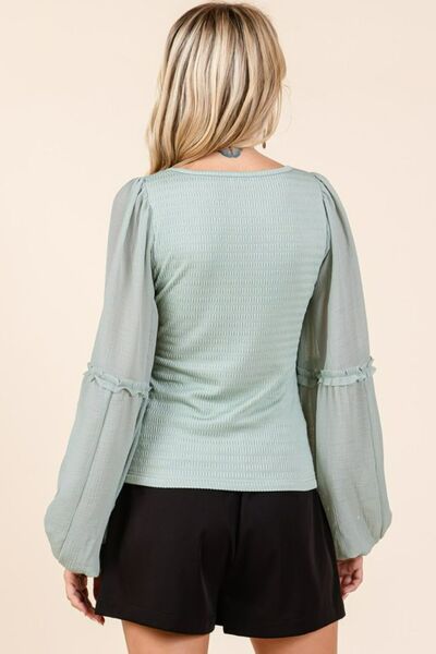 Mittoshop Mixed Media Textured Knit Chiffon Long Sleeve Top