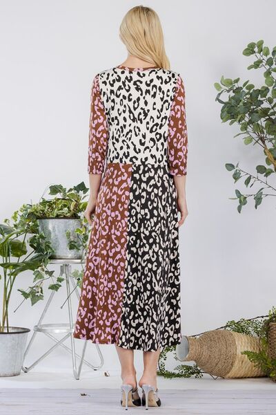 Celeste Full Size Leopard Color Block Front Tie Midi Dress Plus Size