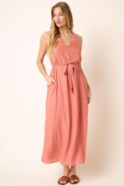 Mittoshop Cross Back Belted V Neck Tank Maxi Dress