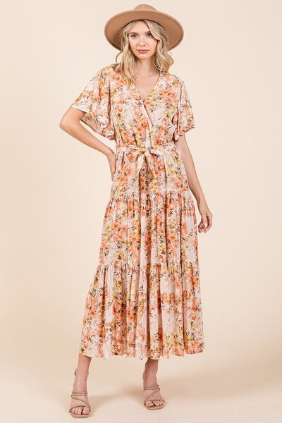 Mittoshop Floral Tie Waist Flutter Sleeve Tiered Dress