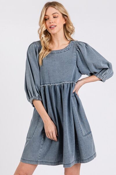 Mittoshop Washed Round Neck Puff Sleeve Denim Dress