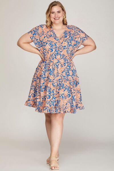 She + Sky Full Size Ruffled Hem Printed Surplice Kimono Sleeve Mini Dress Plus Size