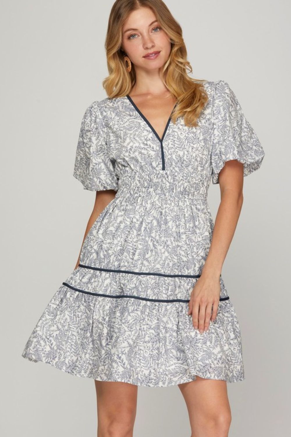 She + Sky Full Size Printed V-Neck Puff Sleeve Tiered Dress Plus Size