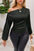 One shoulder long sleeve blouse with drawstring, polyester material.