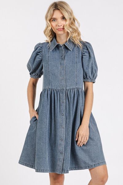 Mittoshop Button Down Puff Sleeve Denim Dress