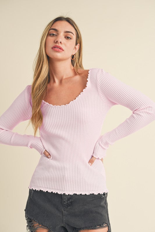 Aemi + Co Lettuce Hem Scoop Neck Long Sleeve Knit Top