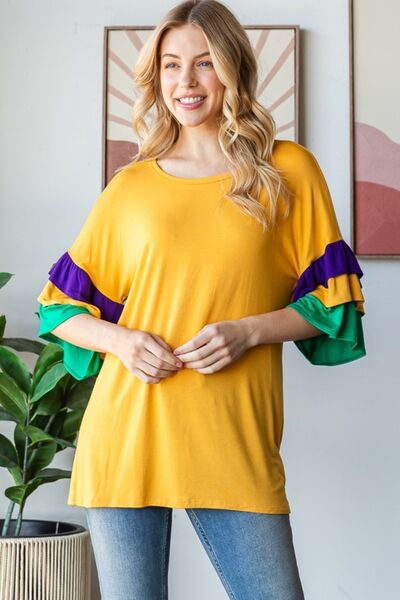 Heimish Full Size Round Neck Color Block Ruffled Half Sleeve Top Plus Size