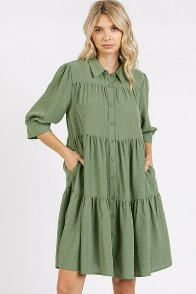 Mittoshop Button Detail Collared Neck Tiered Shirt Dress