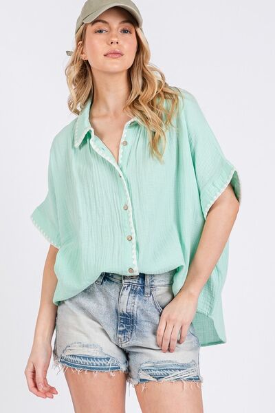 SAGE+FIG Boho Contrast Zigzag Trim Gauze Button-Up Shirt