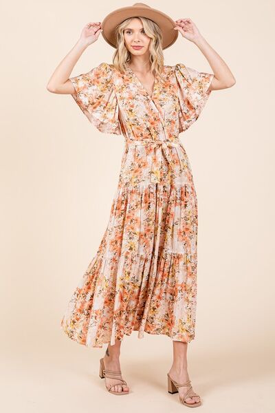 Mittoshop Floral Tie Waist Flutter Sleeve Tiered Dress