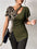 Ruched leopard flutter sleeve T-shirt with crisscross neckline, green and leopard print design, fashionable.