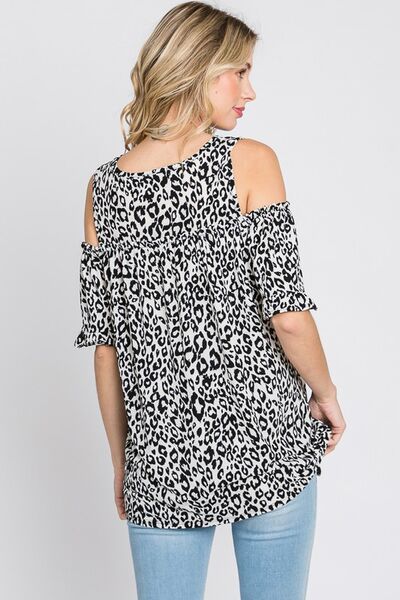 Heimish Full Size Leopard Round Neck Cold Shoulder T-Shirt Plus Size