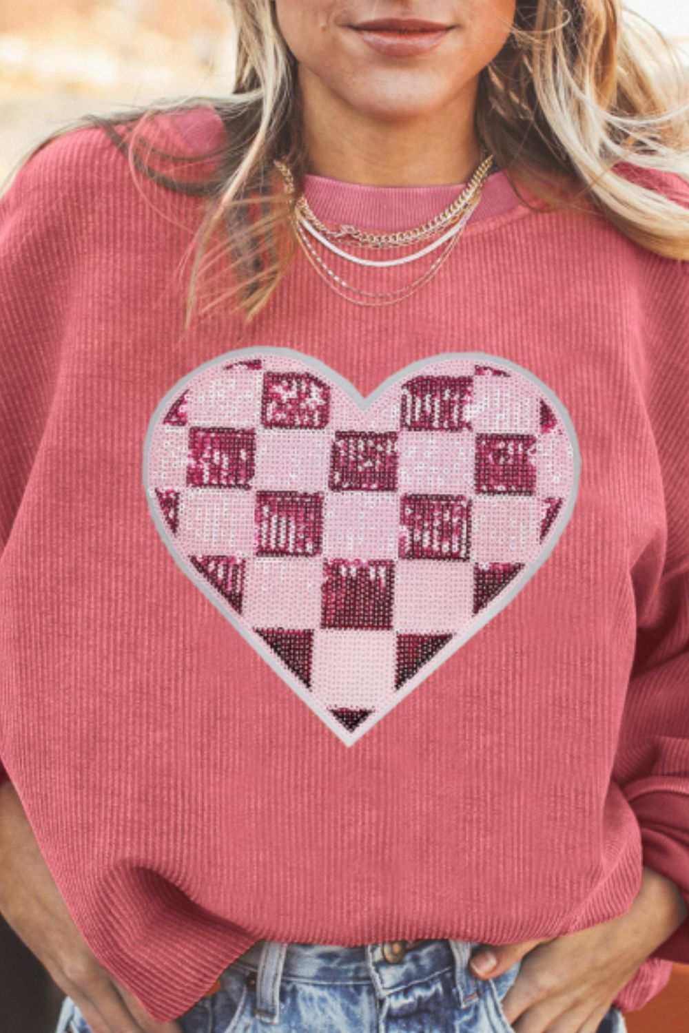 Valentine’s Day Sequin Checkered Heart Long Sleeve Sweatshirt