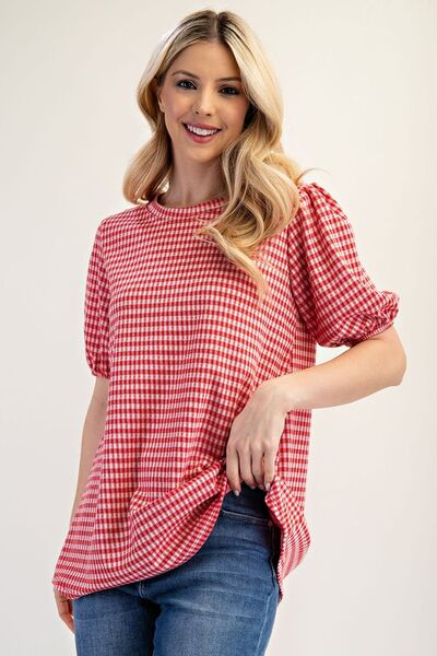 Celeste Full Size Gingham Print Top With Puff Sleeves Plus Size